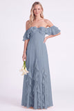 Off-the-shoulder narcissen Chiffon met gerimpelde lange bruidsmeisjesjurk