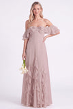 Off-the-shoulder narcissen Chiffon met gerimpelde lange bruidsmeisjesjurk