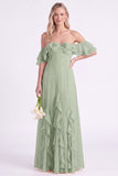 Off-the-shoulder narcissen Chiffon met gerimpelde lange bruidsmeisjesjurk