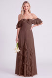 Off-the-shoulder narcissen Chiffon met gerimpelde lange bruidsmeisjesjurk