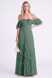 Off-the-shoulder narcissen Chiffon met gerimpelde lange bruidsmeisjesjurk