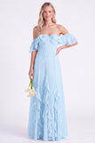 Off-the-shoulder narcissen Chiffon met gerimpelde lange bruidsmeisjesjurk