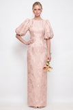 Blush roze bodycon ronde hals bloemen puffmouwen lange bruidsmeisjesjurk met split