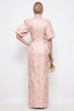 Blush roze bodycon ronde hals bloemen puffmouwen lange bruidsmeisjesjurk met split