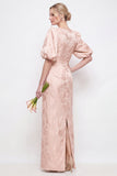 Blush roze bodycon ronde hals bloemen puffmouwen lange bruidsmeisjesjurk met split