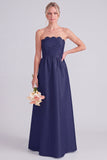 Roze strapless A-lijn lange bruidsmeisjesjurk
