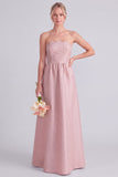 Roze strapless A-lijn lange bruidsmeisjesjurk