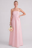 Roze strapless A-lijn lange bruidsmeisjesjurk