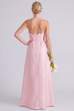 Roze strapless A-lijn lange bruidsmeisjesjurk