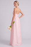 Roze strapless A-lijn lange bruidsmeisjesjurk