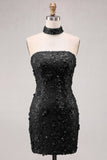 Gouden strapless pailletten bodycon korte homecomingjurk met veter op de rug