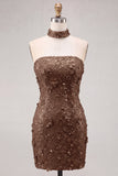 Gouden strapless pailletten bodycon korte homecomingjurk met veter op de rug