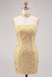 Gouden strapless pailletten bodycon korte homecomingjurk met veter op de rug