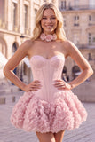 Strapless rozenkorset met bubble zoom bloemen A-lijn korte homecoming jurk