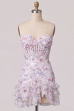 Lila Bodycon pailletten met lagen en gerimpelde korset korte homecomingjurk