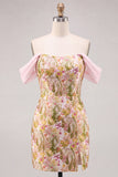 Roze Bloem Off the Shoulder Bodycon Korte Homecoming Jurk