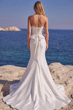Witte strapless korset, satijn lange zeemeermin trouwjurk