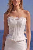 Witte strapless korset, satijn lange zeemeermin trouwjurk