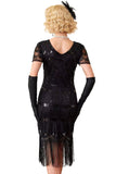 Groene gouden V-hals korte doorschijnende mouwen pailletten Bodycon jurk uit de jaren 1920 met franjes