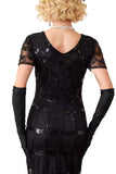 Groene gouden V-hals korte doorschijnende mouwen pailletten Bodycon jurk uit de jaren 1920 met franjes