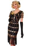 Groene gouden V-hals korte doorschijnende mouwen pailletten Bodycon jurk uit de jaren 1920 met franjes
