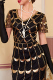 Groene gouden V-hals korte doorschijnende mouwen pailletten Bodycon jurk uit de jaren 1920 met franjes