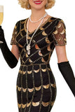 Groene gouden V-hals korte doorschijnende mouwen pailletten Bodycon jurk uit de jaren 1920 met franjes