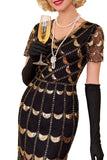Groene gouden V-hals korte doorschijnende mouwen pailletten Bodycon jurk uit de jaren 1920 met franjes
