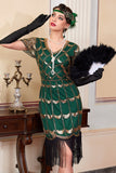 Groene gouden V-hals korte doorschijnende mouwen pailletten Bodycon jurk uit de jaren 1920 met franjes
