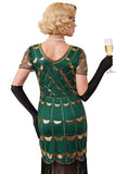 Groene gouden V-hals korte doorschijnende mouwen pailletten Bodycon jurk uit de jaren 1920 met franjes