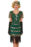 Groene gouden V-hals korte doorschijnende mouwen pailletten Bodycon jurk uit de jaren 1920 met franjes