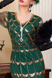 Groene gouden V-hals korte doorschijnende mouwen pailletten Bodycon jurk uit de jaren 1920 met franjes