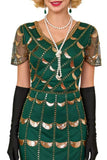 Groene gouden V-hals korte doorschijnende mouwen pailletten Bodycon jurk uit de jaren 1920 met franjes