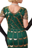 Groene gouden V-hals korte doorschijnende mouwen pailletten Bodycon jurk uit de jaren 1920 met franjes