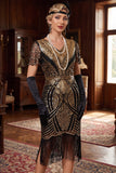 Roodgouden V-hals pailletten Bodycon korte jurk uit de jaren 1920 met franjeszoom