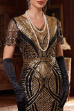 Roodgouden V-hals pailletten Bodycon korte jurk uit de jaren 1920 met franjeszoom