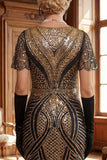 Roodgouden V-hals pailletten Bodycon korte jurk uit de jaren 1920 met franjeszoom