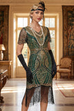 Roodgouden V-hals pailletten Bodycon korte jurk uit de jaren 1920 met franjeszoom