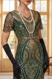 Roodgouden V-hals pailletten Bodycon korte jurk uit de jaren 1920 met franjeszoom