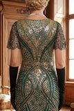 Roodgouden V-hals pailletten Bodycon korte jurk uit de jaren 1920 met franjeszoom