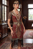 Roodgouden V-hals pailletten Bodycon korte jurk uit de jaren 1920 met franjeszoom