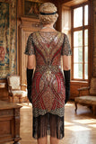 Roodgouden V-hals pailletten Bodycon korte jurk uit de jaren 1920 met franjeszoom