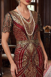 Roodgouden V-hals pailletten Bodycon korte jurk uit de jaren 1920 met franjeszoom