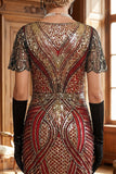 Roodgouden V-hals pailletten Bodycon korte jurk uit de jaren 1920 met franjeszoom