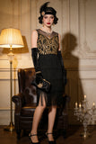 Gouden geborduurde flapper met gelaagde franjes Great Gatsby feestjurk uit de jaren 1920