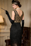 Gouden geborduurde flapper met gelaagde franjes Great Gatsby feestjurk uit de jaren 1920