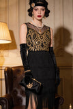 Gouden geborduurde flapper met gelaagde franjes Great Gatsby feestjurk uit de jaren 1920