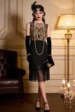 Gouden geborduurde flapper met gelaagde franjes Great Gatsby feestjurk uit de jaren 1920