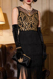 Gouden geborduurde flapper met gelaagde franjes Great Gatsby feestjurk uit de jaren 1920