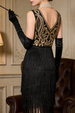 Gouden geborduurde flapper met gelaagde franjes Great Gatsby feestjurk uit de jaren 1920